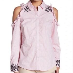 Nanette Lepore Cold Shoulder Pink Striped ButtonUp Top, Ruffled & Embroidered